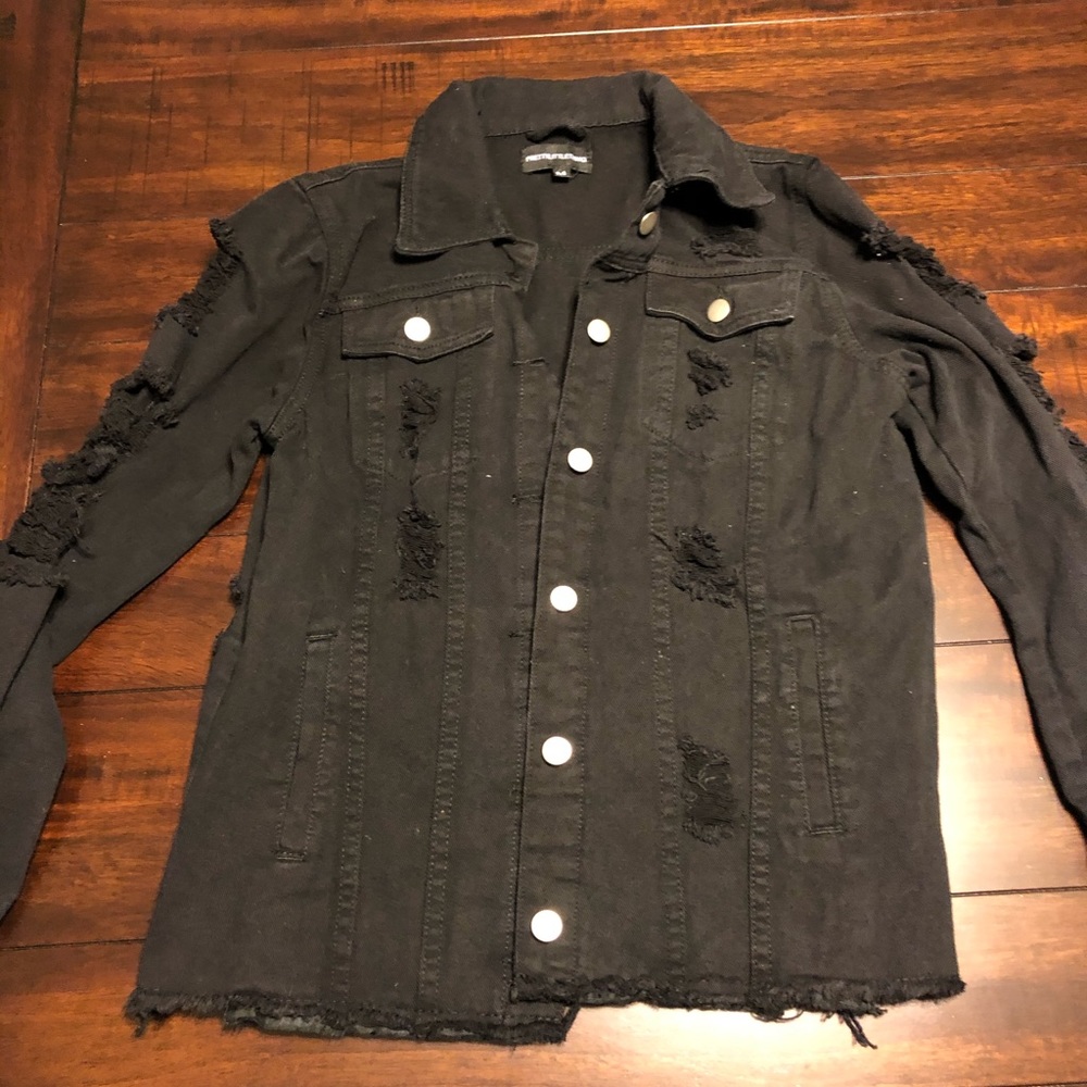 Black denim jacket- destroyed, size medium